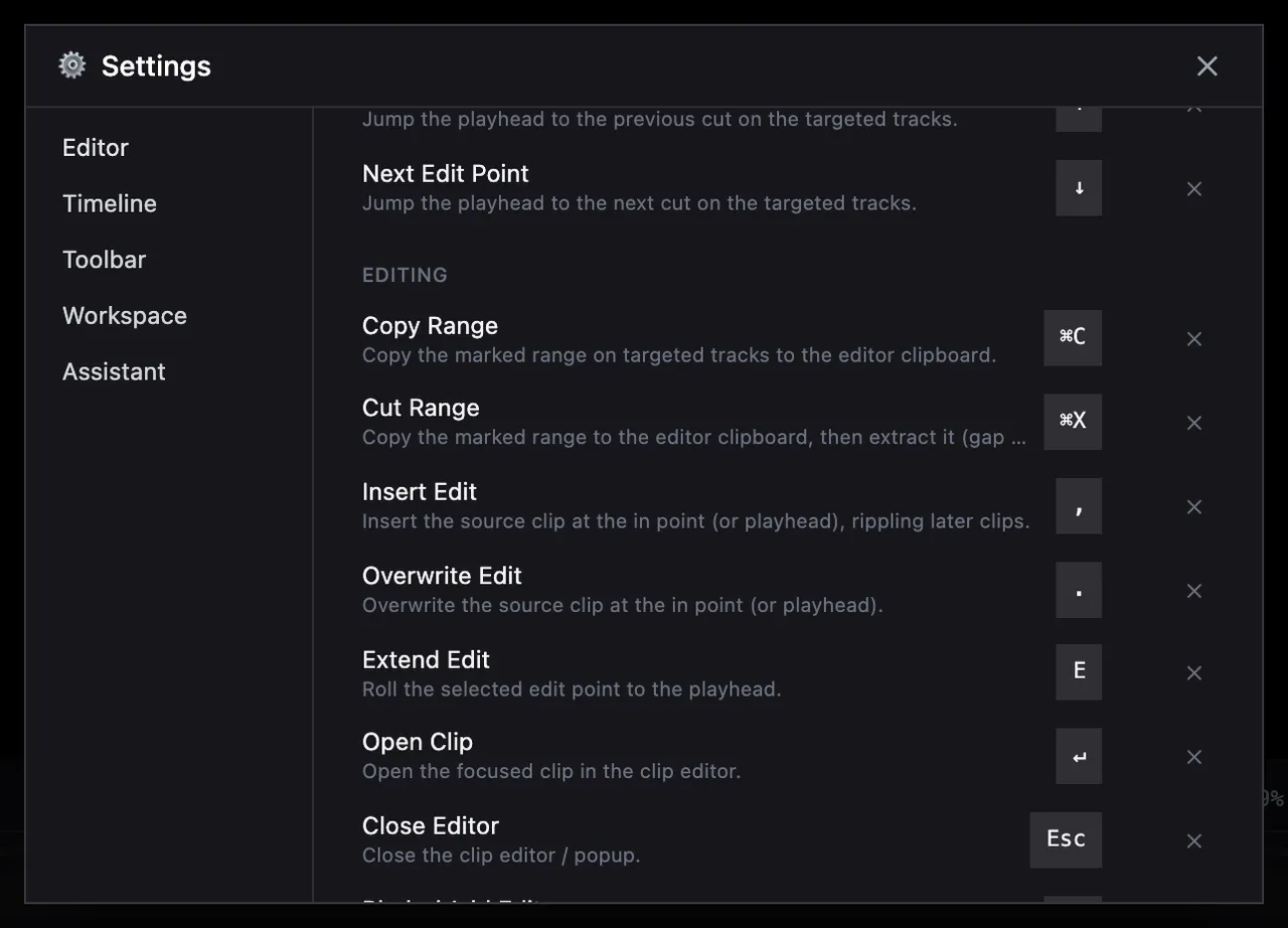 The Keyboard list filtered to edit commands, with the keys for Insert Edit and Overwrite Edit