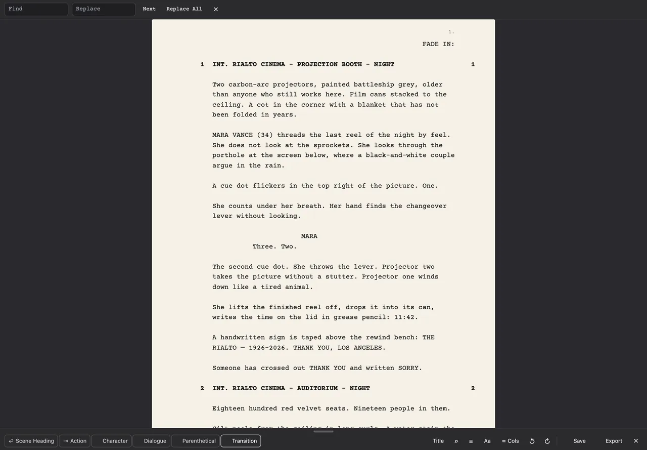 The find bar at the top of the editor, with Find, Replace, Next and Replace All