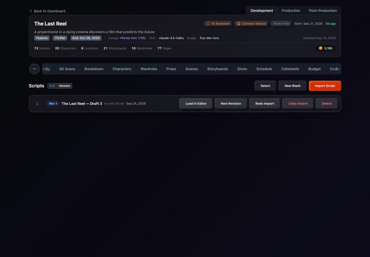 A draft on the Scripts tab with Load in Editor and New Revision