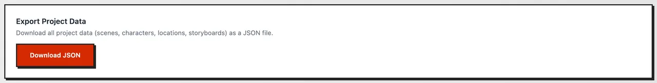 The Export Project Data box with the Download JSON button