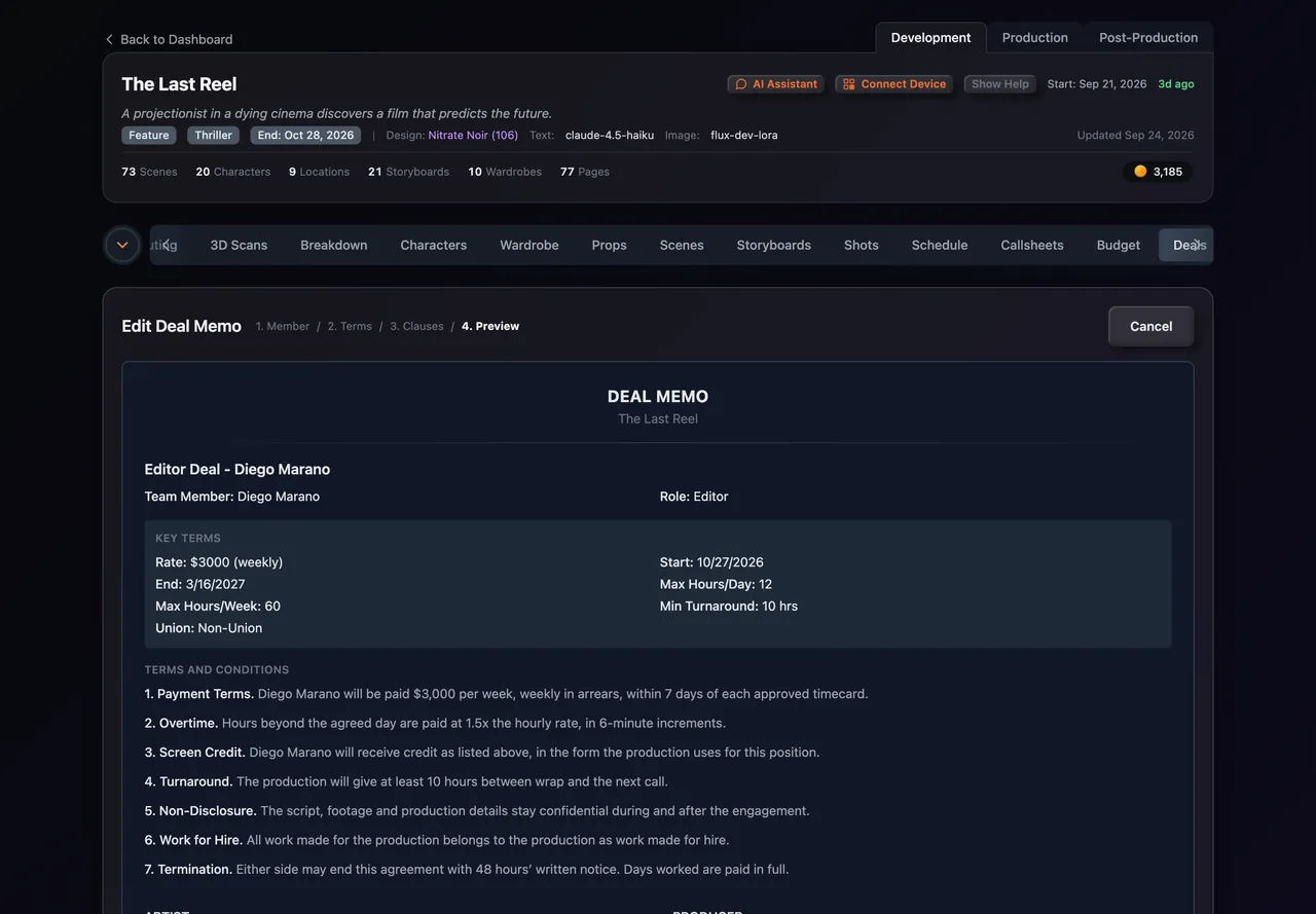 Step 4, the memo preview with key terms and signature lines