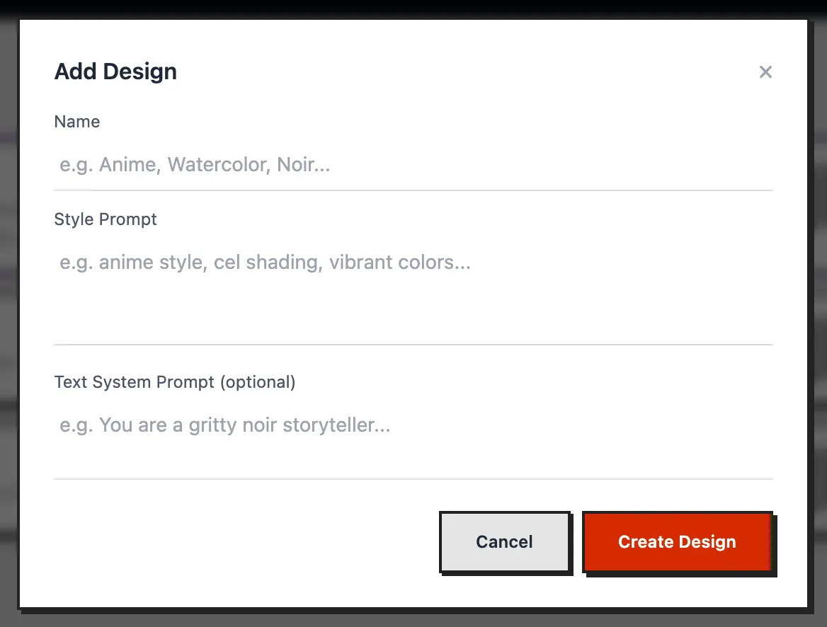 The Add Design form with Name, Style Prompt and Text System Prompt fields