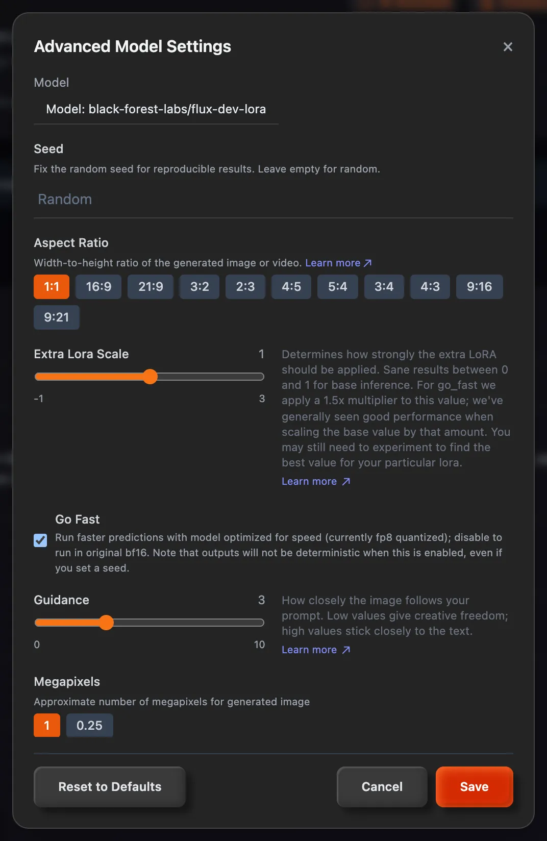 The settings window for the flux-dev-lora model