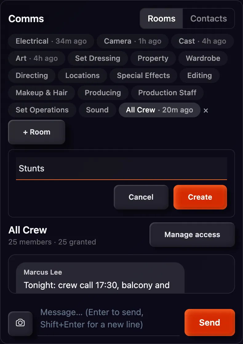 Typing the name of a new comms room