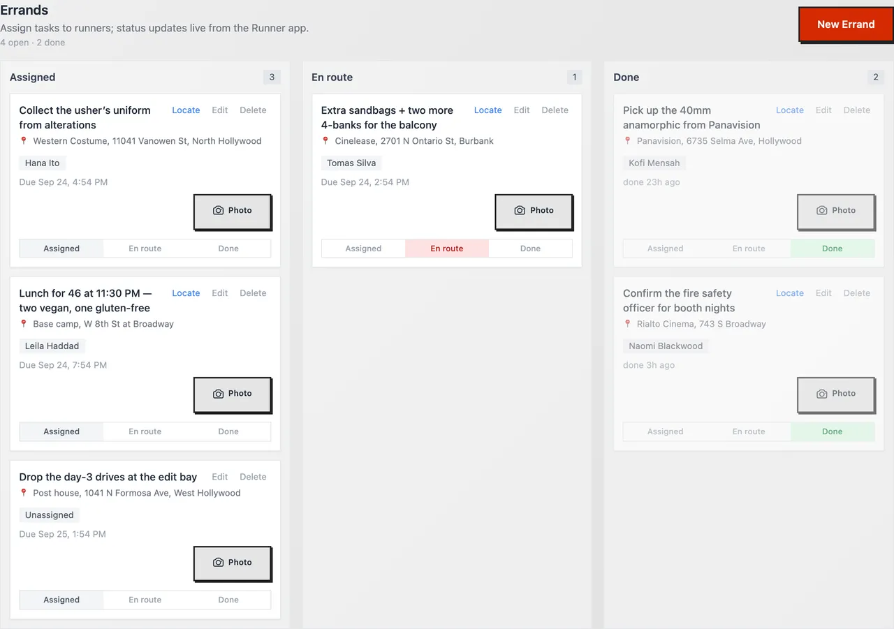 The errands board with tasks in Assigned, En route and Done columns