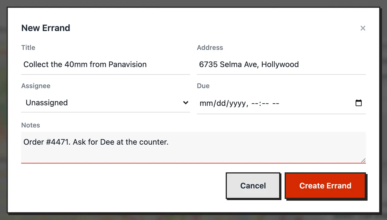 The New Errand form with a title, an address and notes filled in