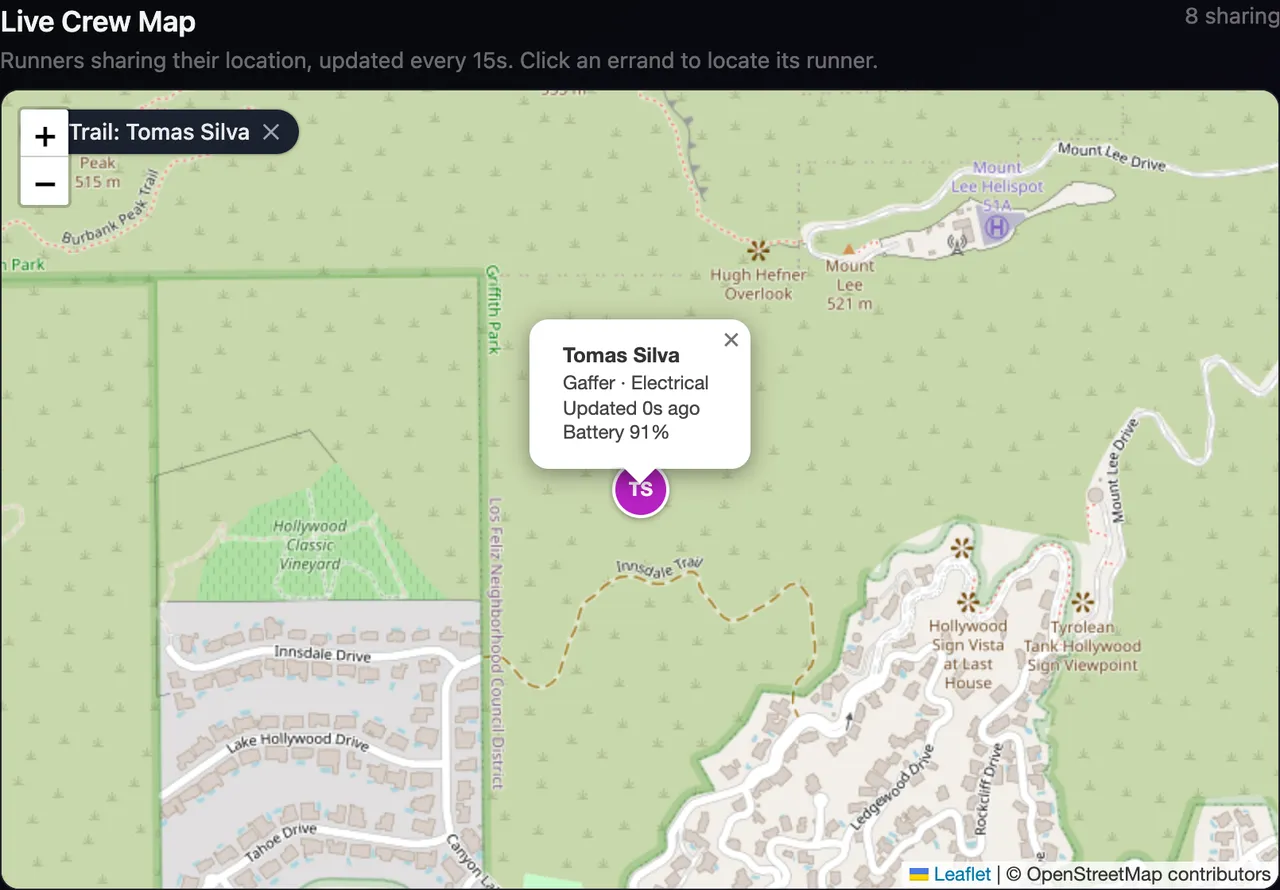 The crew map zoomed in on one runner, with a Trail chip in the corner