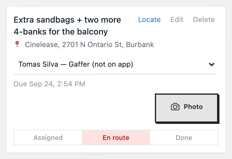 An errand card with its list of crew open for a new assignee
