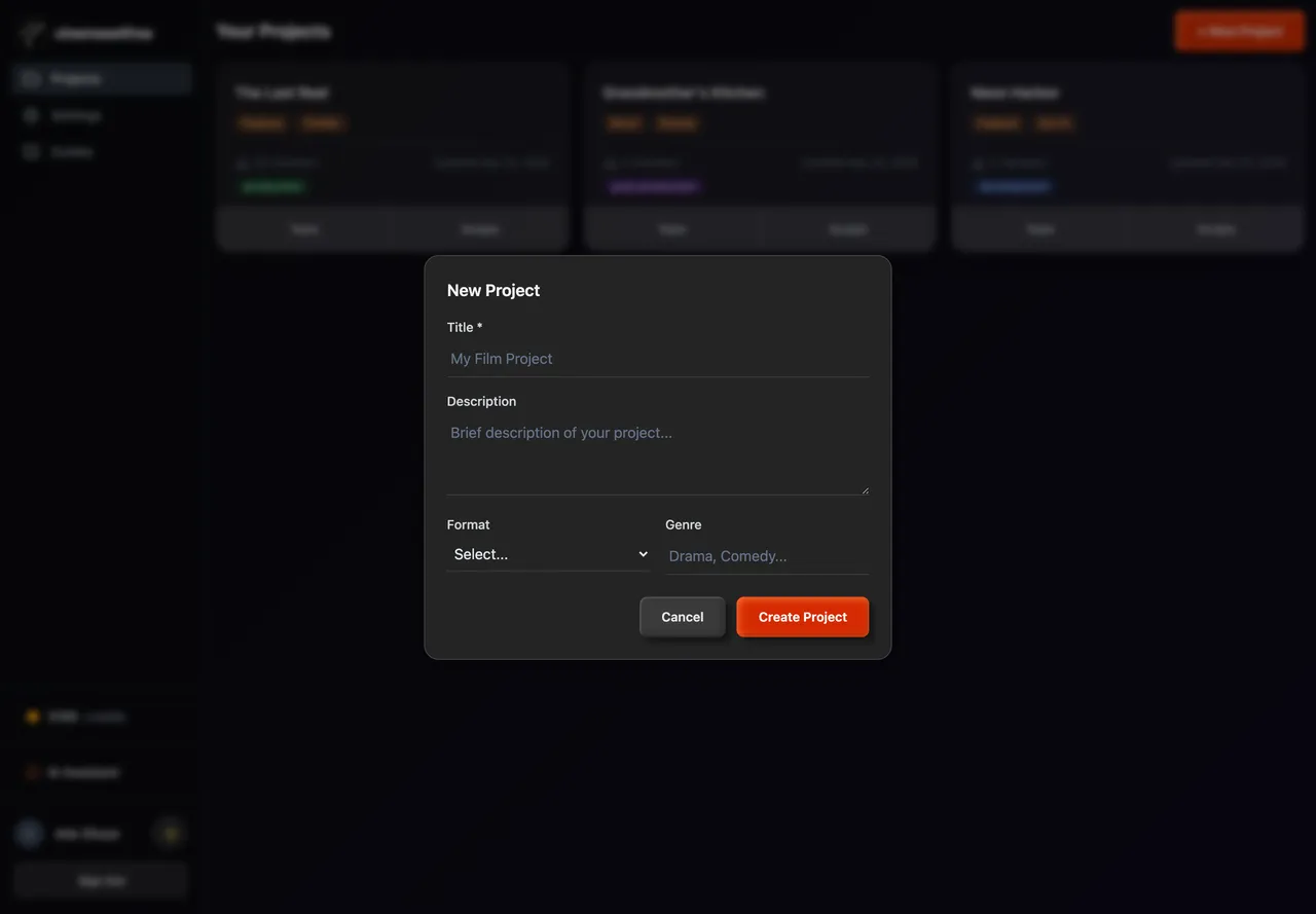The New Project form with Title, Description, Format and Genre