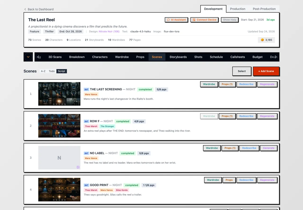 The Scenes tab filled in from an imported screenplay