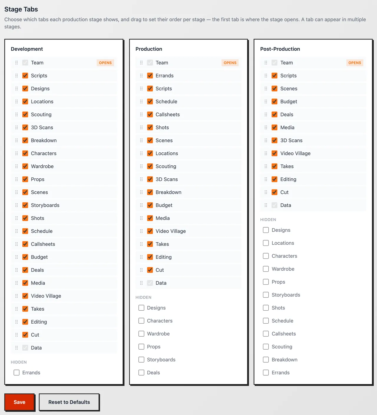 Settings → Stages with a card per stage, drag handles, the opens badge and the Hidden list