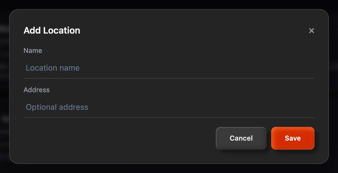 The Add Location form with Name and Address fields