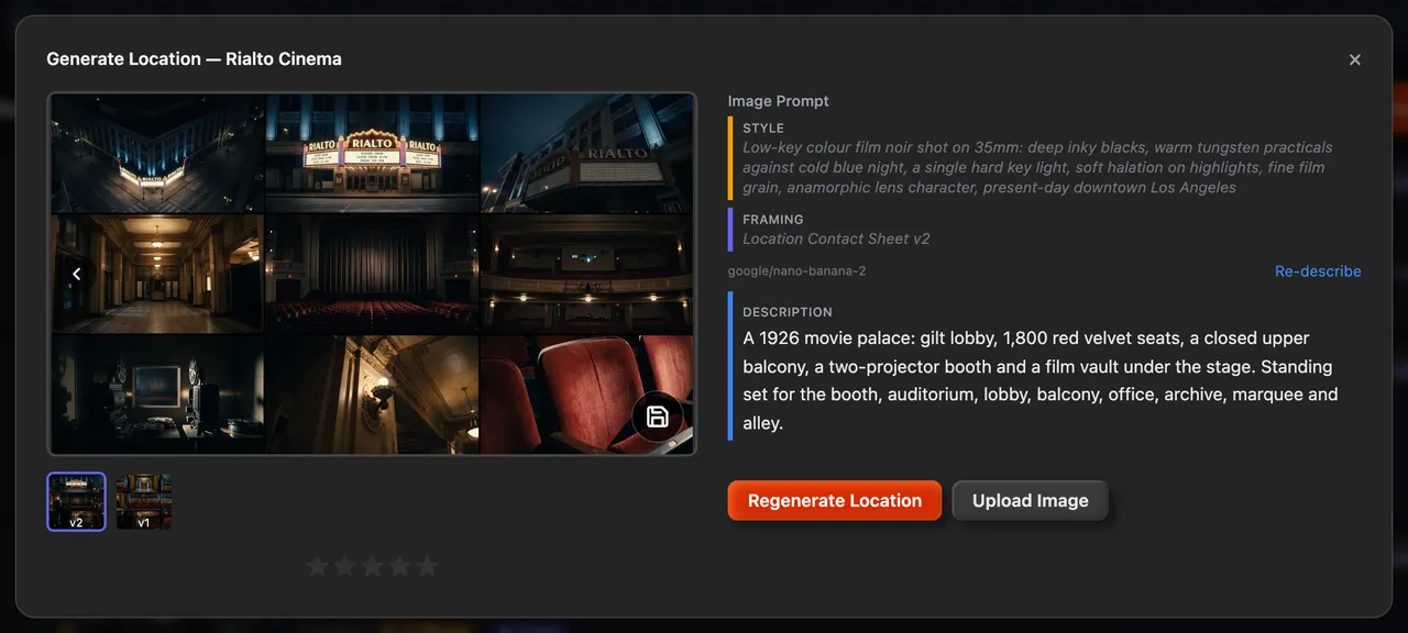 The Generate Location window for Rialto Cinema, with two versions and the Regenerate Location and Upload Image buttons