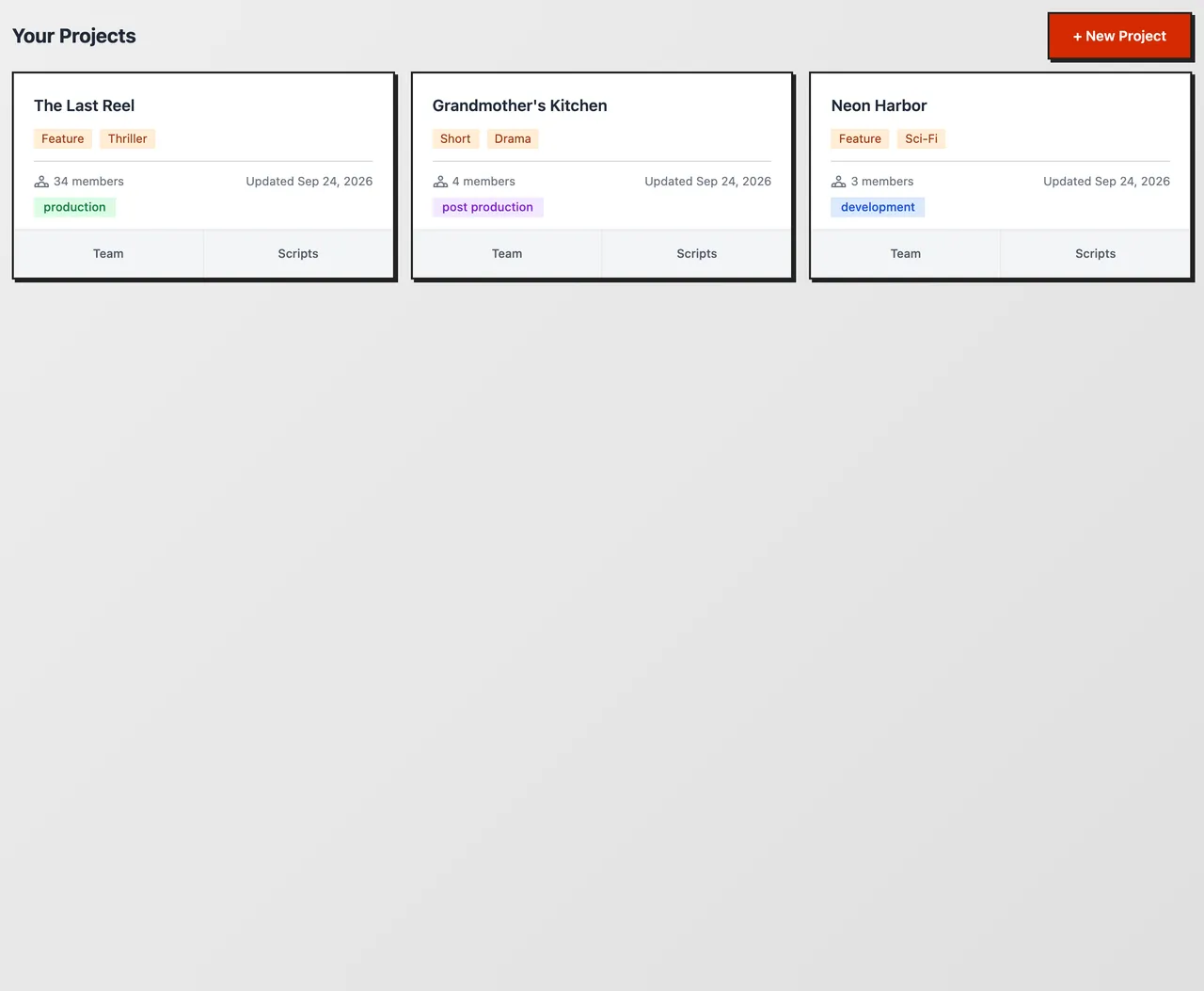 The projects list: three films as cards with their format, genre, crew count and what stage each is at