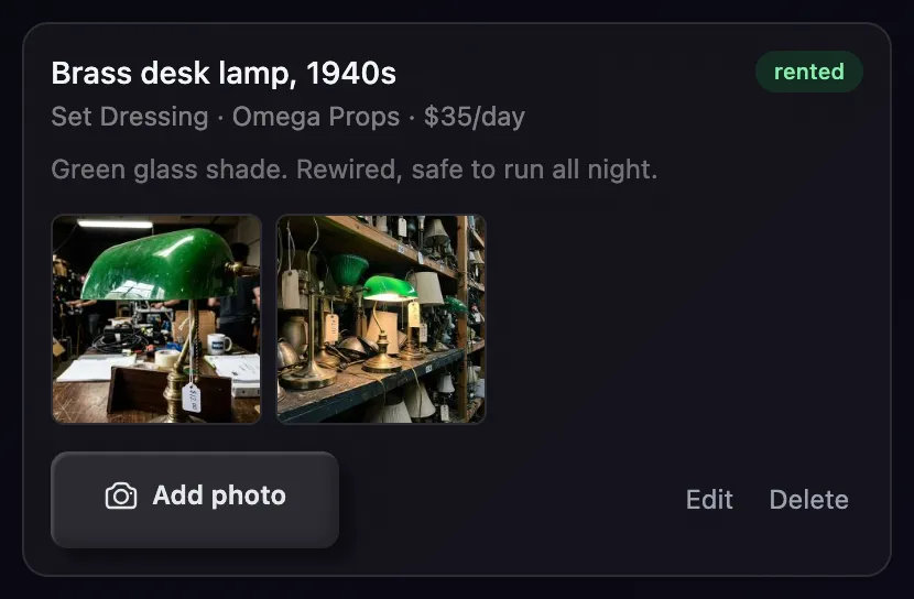 A rented desk lamp with two photos