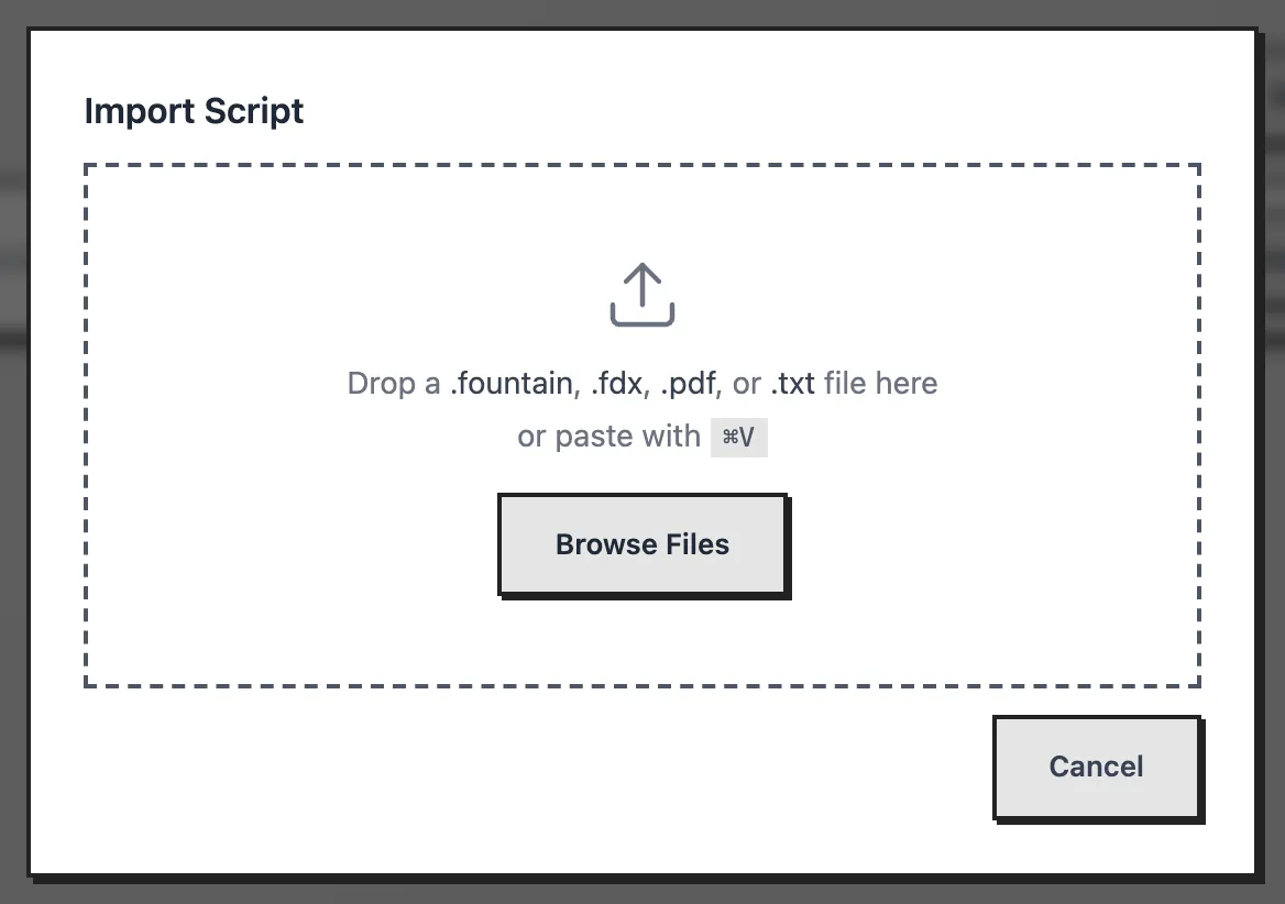 The import window waiting for a screenplay