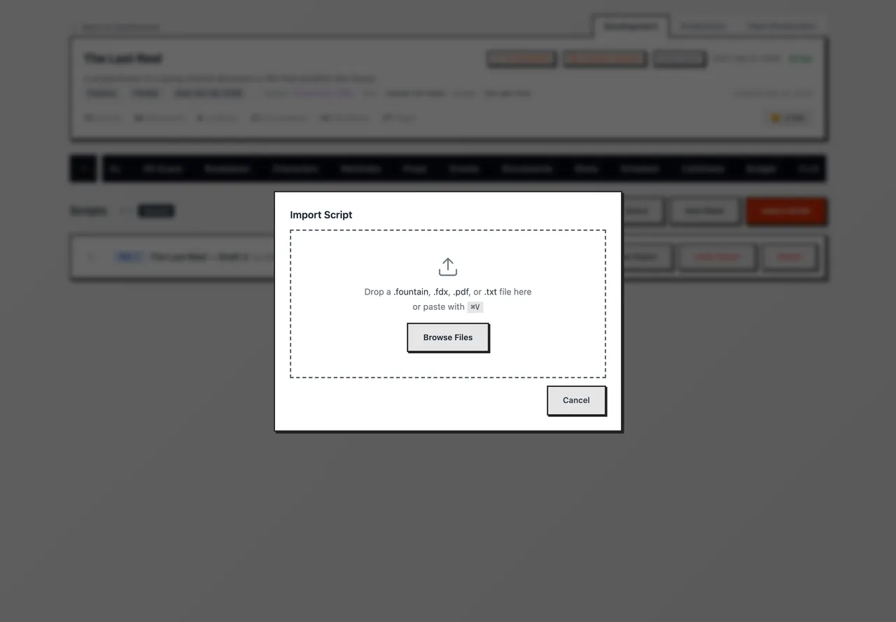 The Import Script dialog: a drop zone that takes a .fountain, .fdx, .pdf or .txt file, or a paste