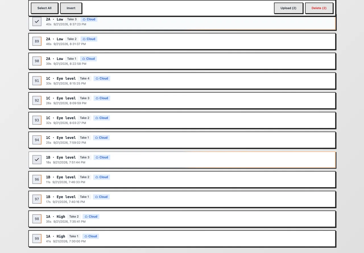 Select mode with two takes picked and the Upload and Delete buttons