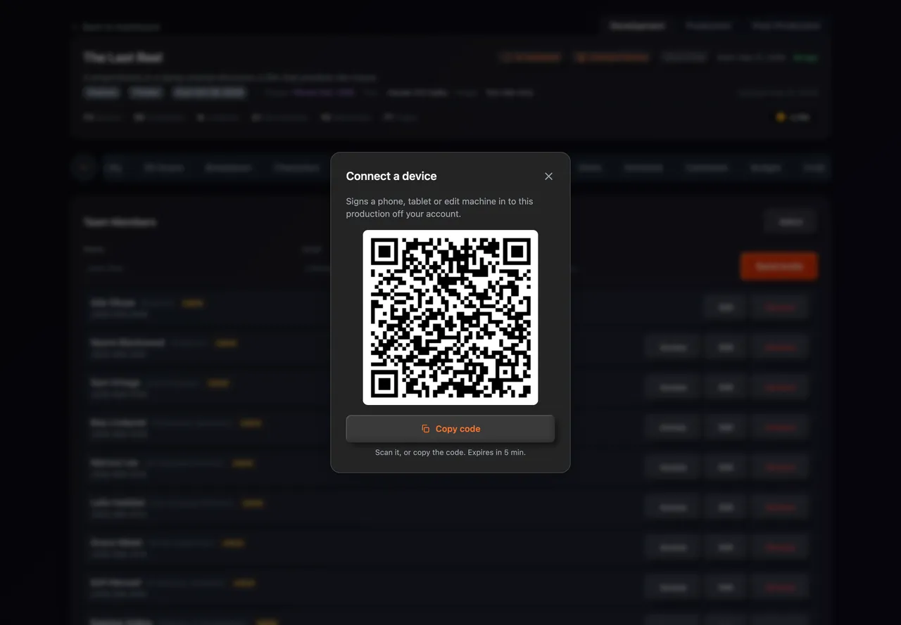 The Connect a device dialog with a QR code and Copy code